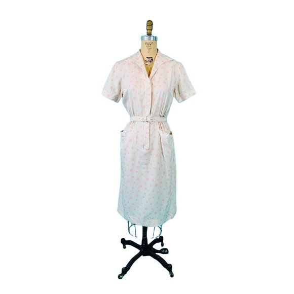 Vintage 1940s Silk Dress Champagne Pink Circle Print ShirtdressW 25"
